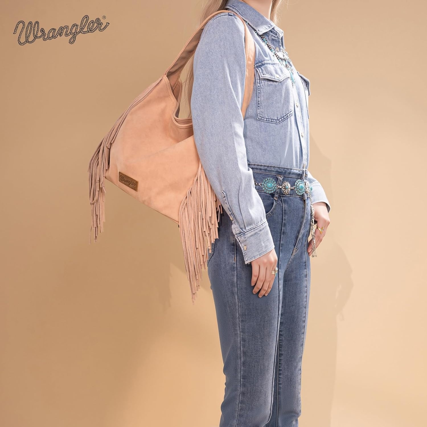 image:imageWrangler Suede Hobo Bag for Women Leather Fringe Western Purse Tassel Hippie Shoulder BagDark Pink