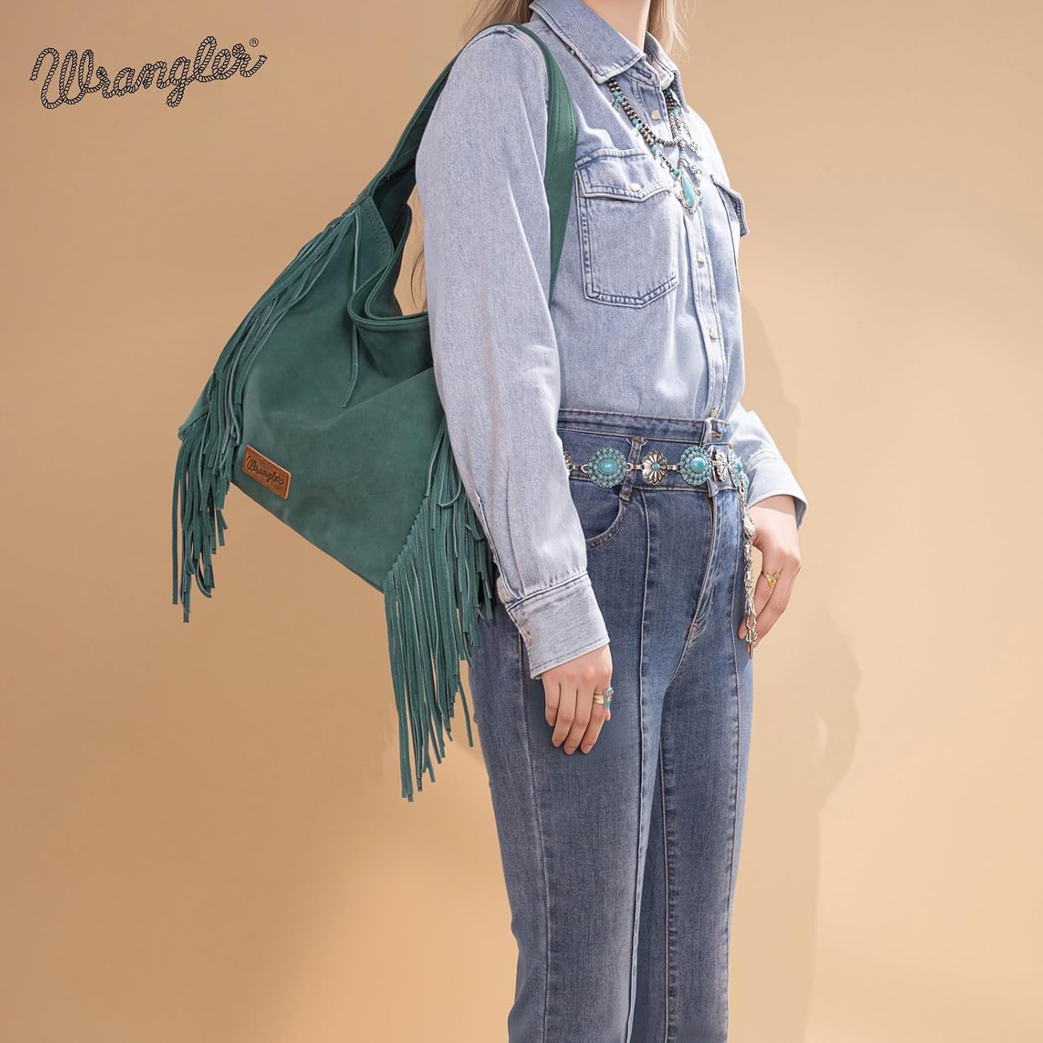 image:imageWrangler Suede Hobo Bag for Women Leather Fringe Western Purse Tassel Hippie Shoulder BagTurquoise