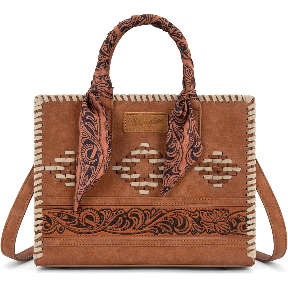 image:imageMontana West Wrangler Tooling Tote Bag for Women Western Satchel Handbags Tophandle Purses with ScarfBrown