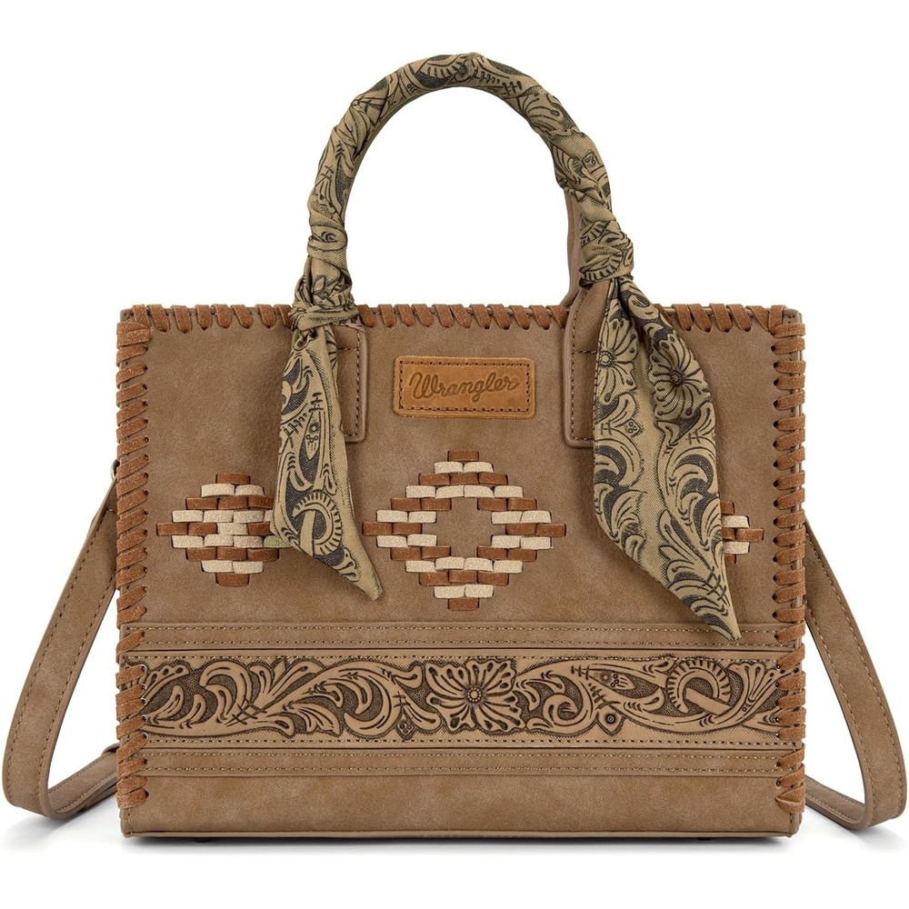 image:imageMontana West Wrangler Tooling Tote Bag for Women Western Satchel Handbags Tophandle Purses with ScarfKhaki