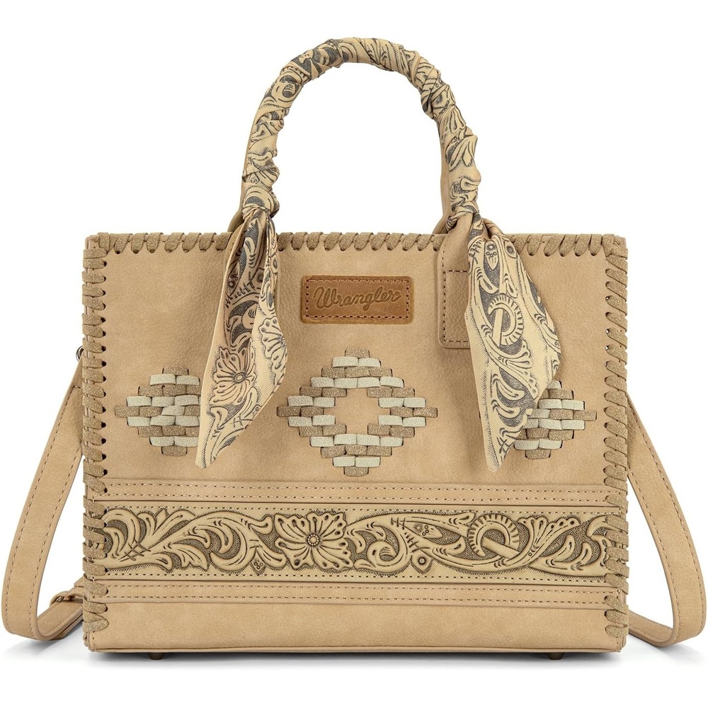 image:imageMontana West Wrangler Tooling Tote Bag for Women Western Satchel Handbags Tophandle Purses with ScarfTan