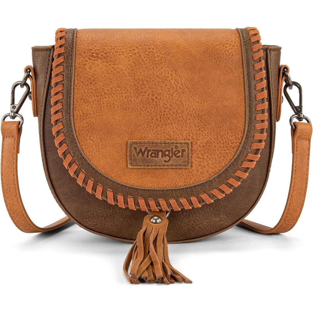 image:imageWrangler Crossbody Bag Flap Saddle Bag Small Boho Purses for Women Embossed Braid Handbags with TesselCoffee