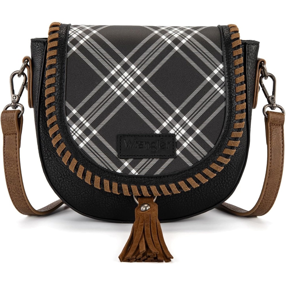image:imageWrangler Crossbody Bag Flap Saddle Bag Small Boho Purses for Women Embossed Braid Handbags with TesselPlaid Black