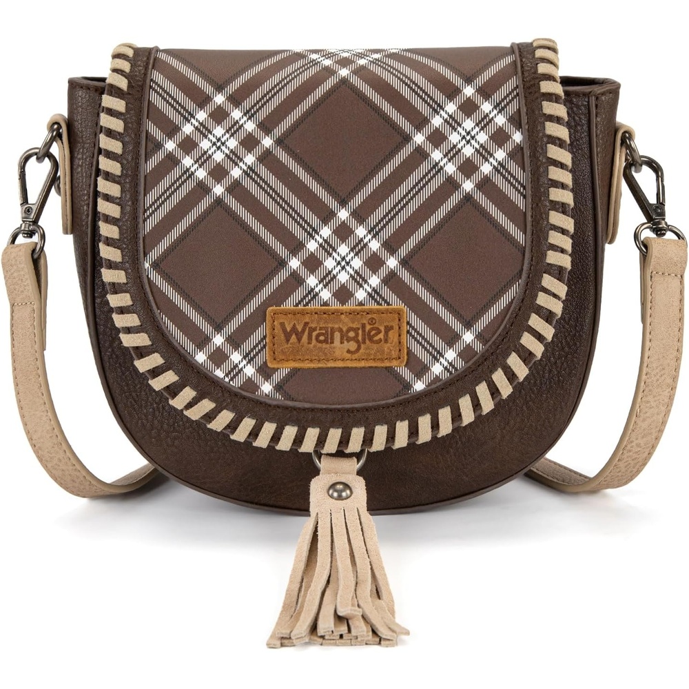 image:imageWrangler Crossbody Bag Flap Saddle Bag Small Boho Purses for Women Embossed Braid Handbags with TesselPlaid Coffee
