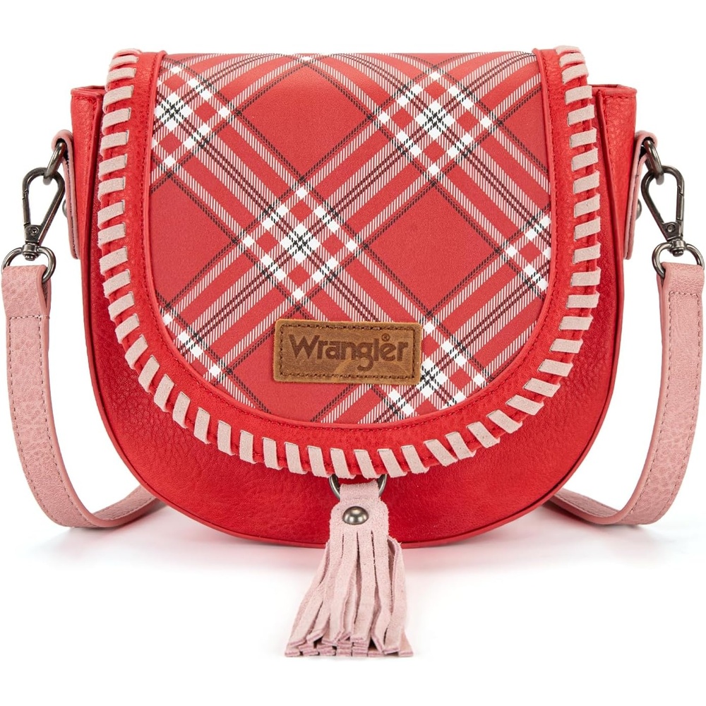 image:imageWrangler Crossbody Bag Flap Saddle Bag Small Boho Purses for Women Embossed Braid Handbags with TesselPlaid Red