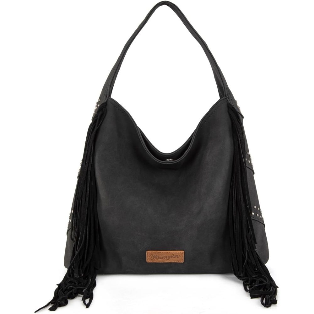 image:imageWrangler Suede Hobo Bag for Women Leather Fringe Western Purse Tassel Hippie Shoulder BagBlack