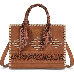 Montana West Wrangler Tooling Tote Bag for Women Western Satchel Handbags Top-handle Purses with Scarf(Brown)