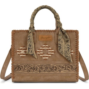 Montana West Wrangler Tooling Tote Bag for Women Western Satchel Handbags Top-handle Purses with Scarf(Khaki)