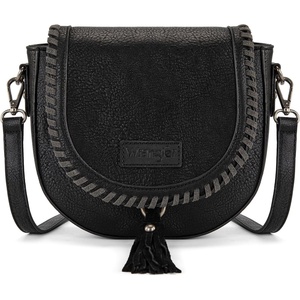 Wrangler Crossbody Bag Flap Saddle Bag Small Boho Purses for Women Embossed Braid Handbags with Tessel(Black)
