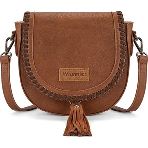Wrangler Crossbody Bag Flap Saddle Bag Small Boho Purses for Women Embossed Braid Handbags with Tessel(Brown)