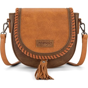 Wrangler Crossbody Bag Flap Saddle Bag Small Boho Purses for Women Embossed Braid Handbags with Tessel(Coffee)