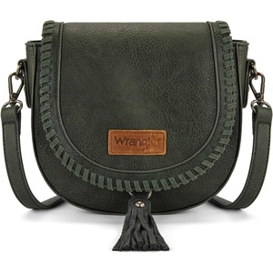 Wrangler Crossbody Bag Flap Saddle Bag Small Boho Purses for Women Embossed Braid Handbags with Tessel(Green)