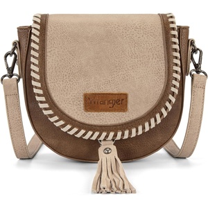 Wrangler Crossbody Bag Flap Saddle Bag Small Boho Purses for Women Embossed Braid Handbags with Tessel(Khaki)