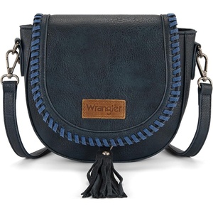 Wrangler Crossbody Bag Flap Saddle Bag Small Boho Purses for Women Embossed Braid Handbags with Tessel(Navy)