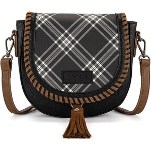 Wrangler Crossbody Bag Flap Saddle Bag Small Boho Purses for Women Embossed Braid Handbags with Tessel(Plaid Black)