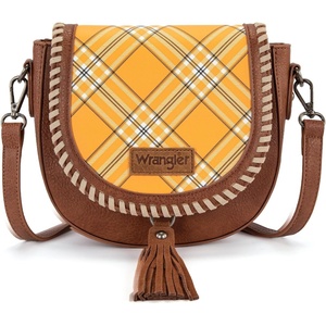 Wrangler Crossbody Bag Flap Saddle Bag Small Boho Purses for Women Embossed Braid Handbags with Tessel(Plaid Brown)