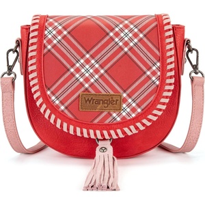 Wrangler Crossbody Bag Flap Saddle Bag Small Boho Purses for Women Embossed Braid Handbags with Tessel(Plaid Red)