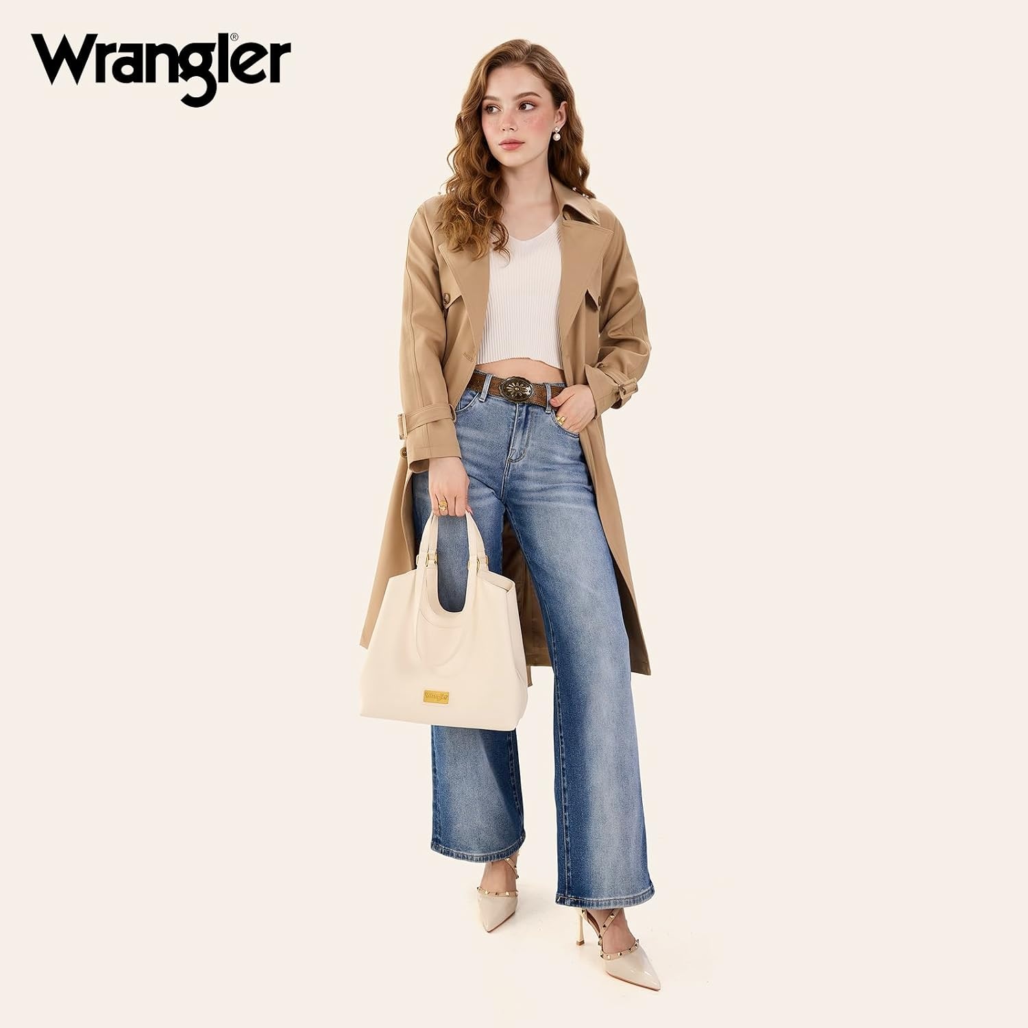 image:imageWrangler Tote Bag for Women Vegan Leather Handbag Large Shoulder PurseBeige