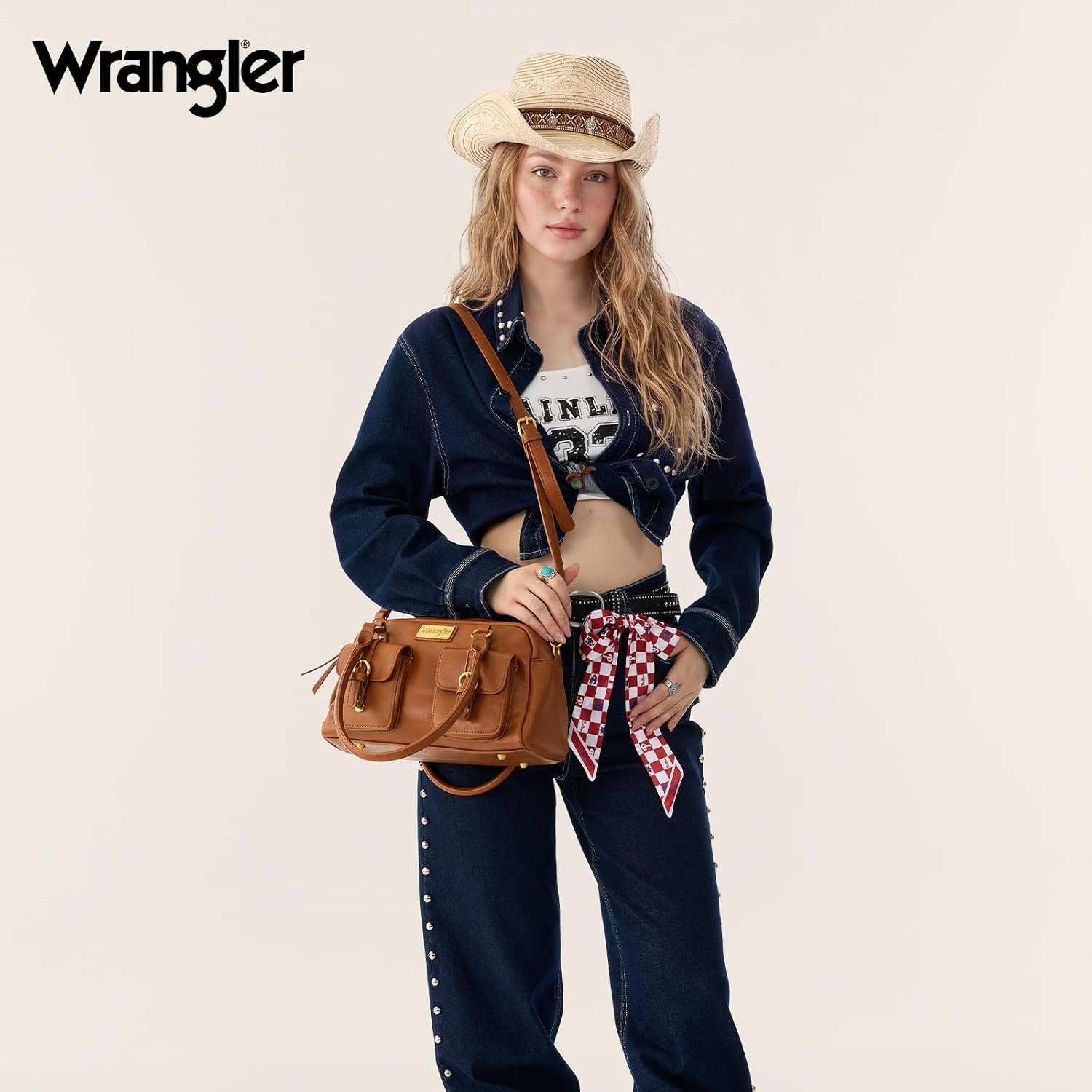 image:imageWrangler Satchel Handbags for Women Multi Pocket Top Handle Shoulder BagCognac