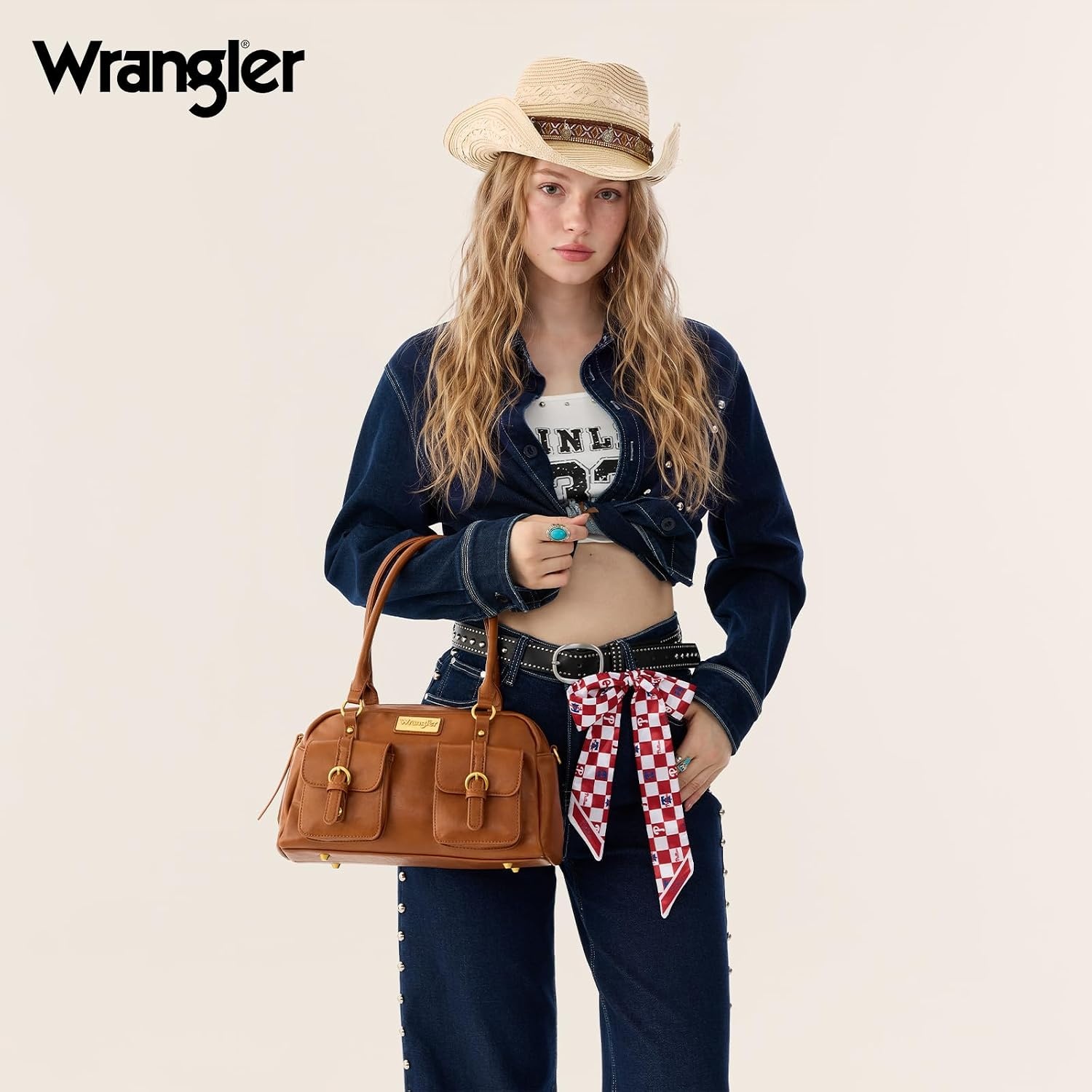 image:imageWrangler Satchel Handbags for Women Multi Pocket Top Handle Shoulder BagCognac