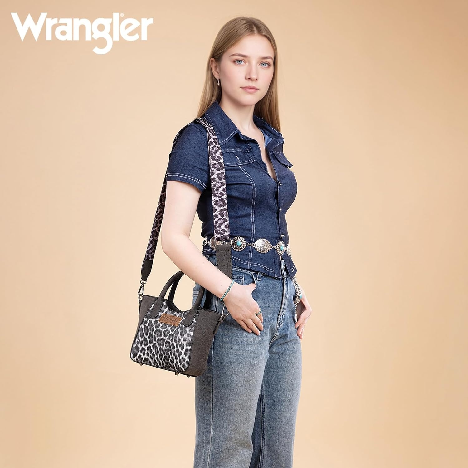 image:imageWrangler Purse for Women Small Rustic Charm TopHanddle Handbags Western Satchel Purse with Crossbody StrapLeopardblack