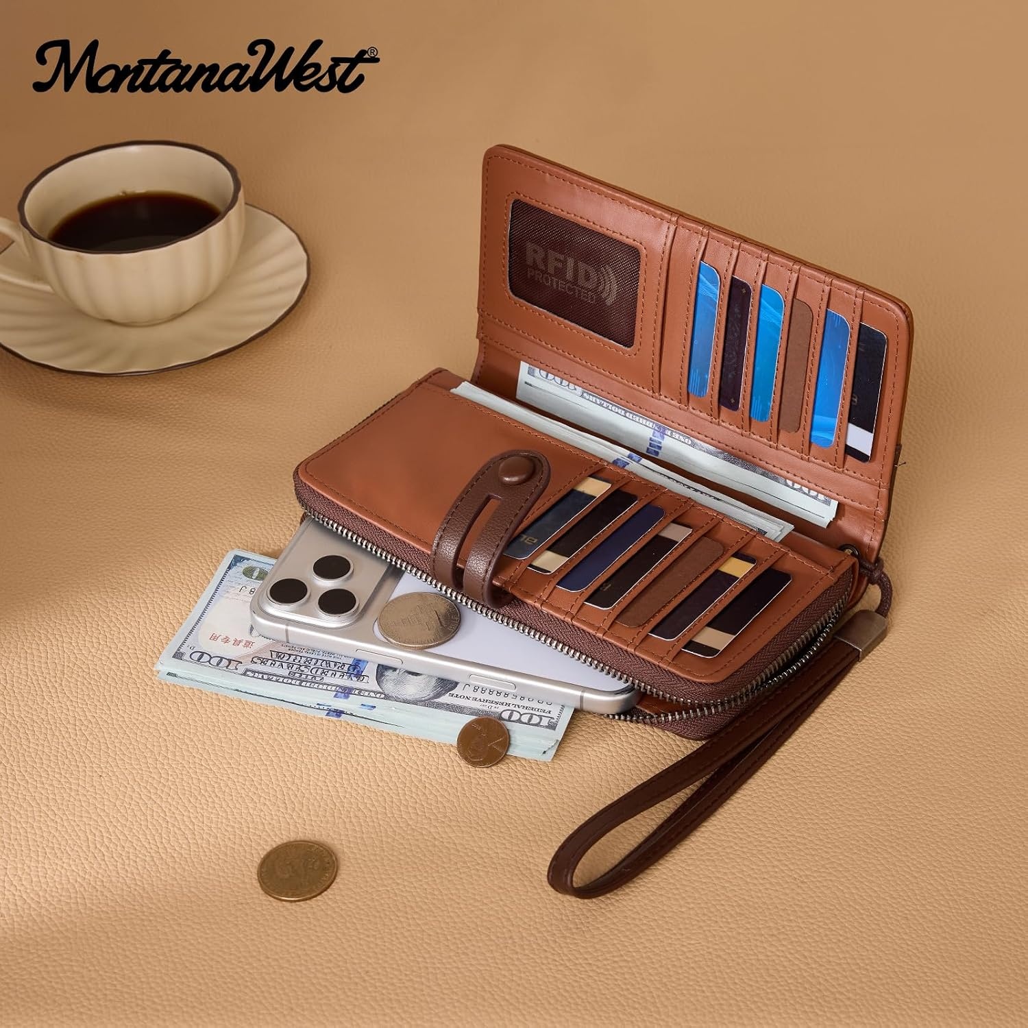 image:imageWristlet Wallet Women Large RFID Blocking Wallets Cute Clutch Phone WalletBrown