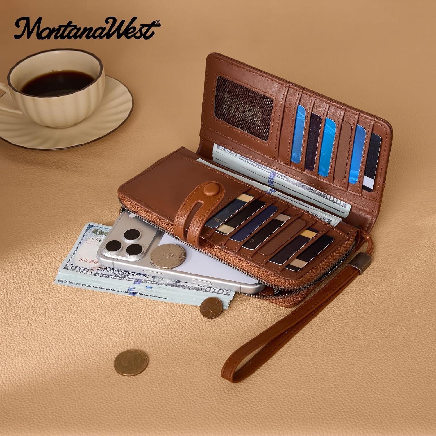image:imageWristlet Wallet Women Large RFID Blocking Wallets Cute Clutch Phone WalletDark Brown