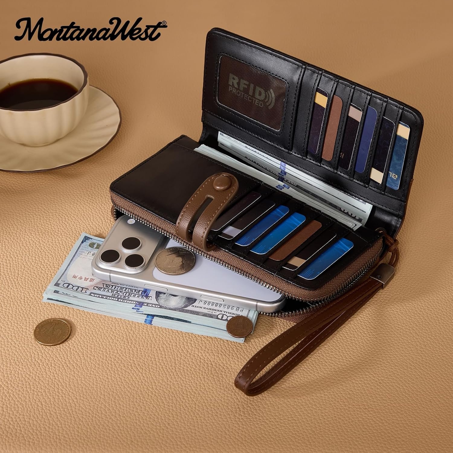 image:imageWristlet Wallet Women Large RFID Blocking Wallets Cute Clutch Phone WalletTBlack