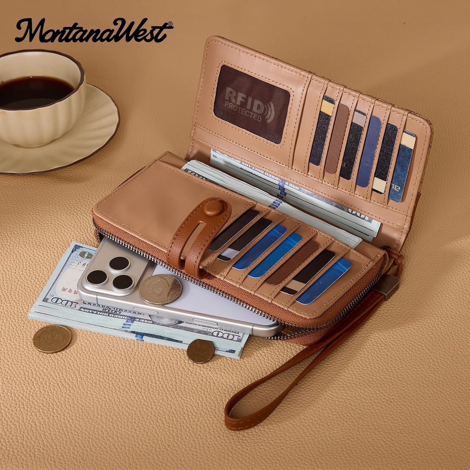 image:imageWristlet Wallet Women Large RFID Blocking Wallets Cute Clutch Phone WalletTBrown