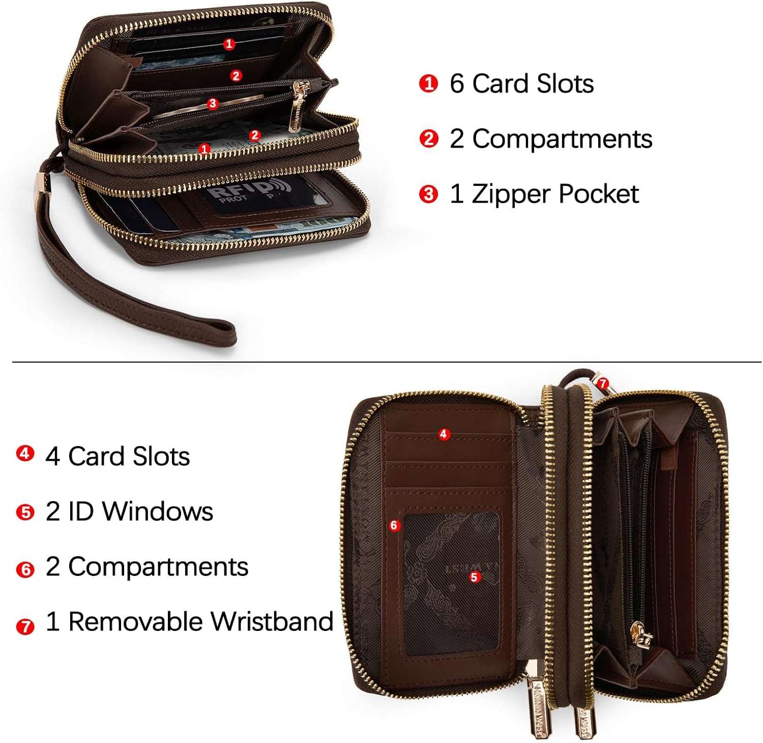 image:imageWallet Women Small Wristlet Double Zip Around Wallets RFID Blocking ClutchCoffee