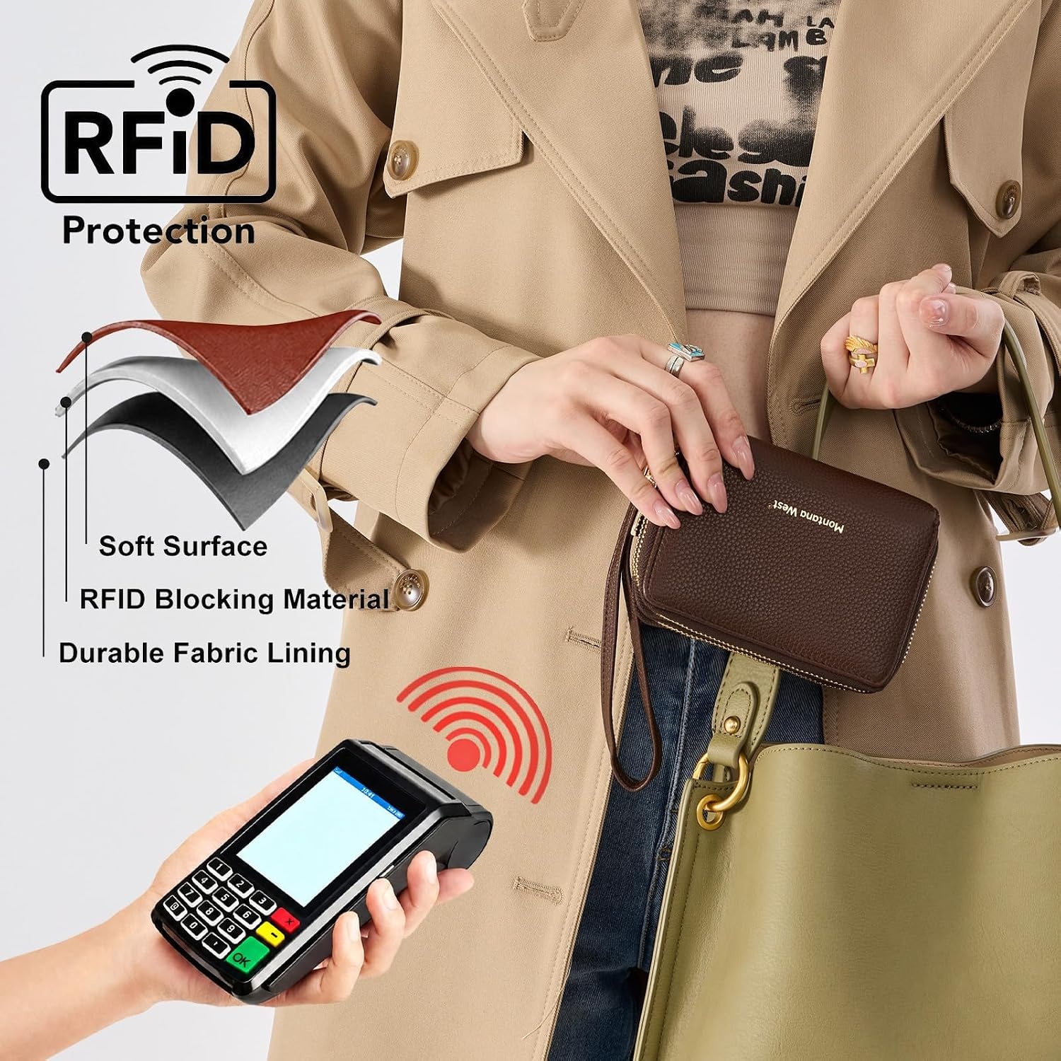 image:imageWallet Women Small Wristlet Double Zip Around Wallets RFID Blocking ClutchCoffee