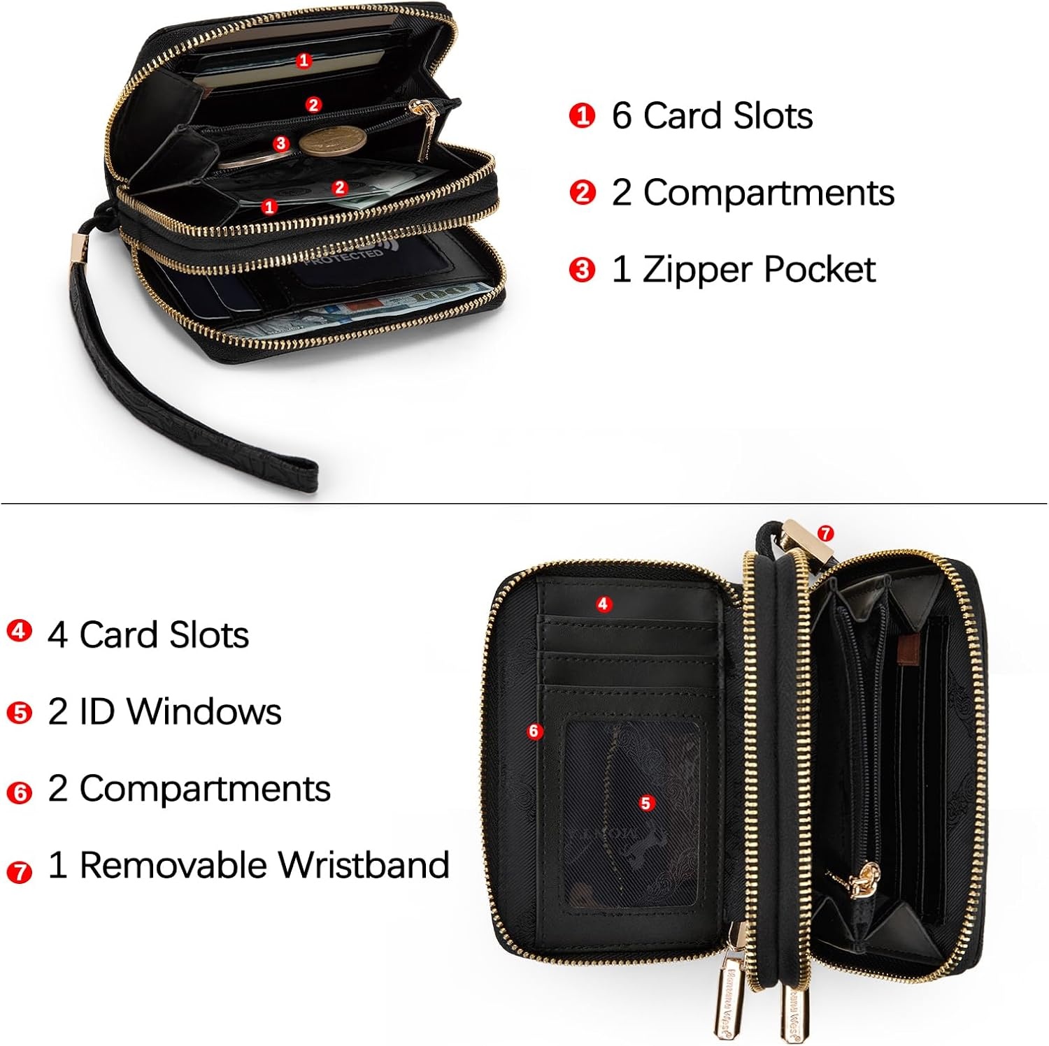 image:imageWallet Women Small Wristlet Double Zip Around Wallets RFID Blocking ClutchToolBlack