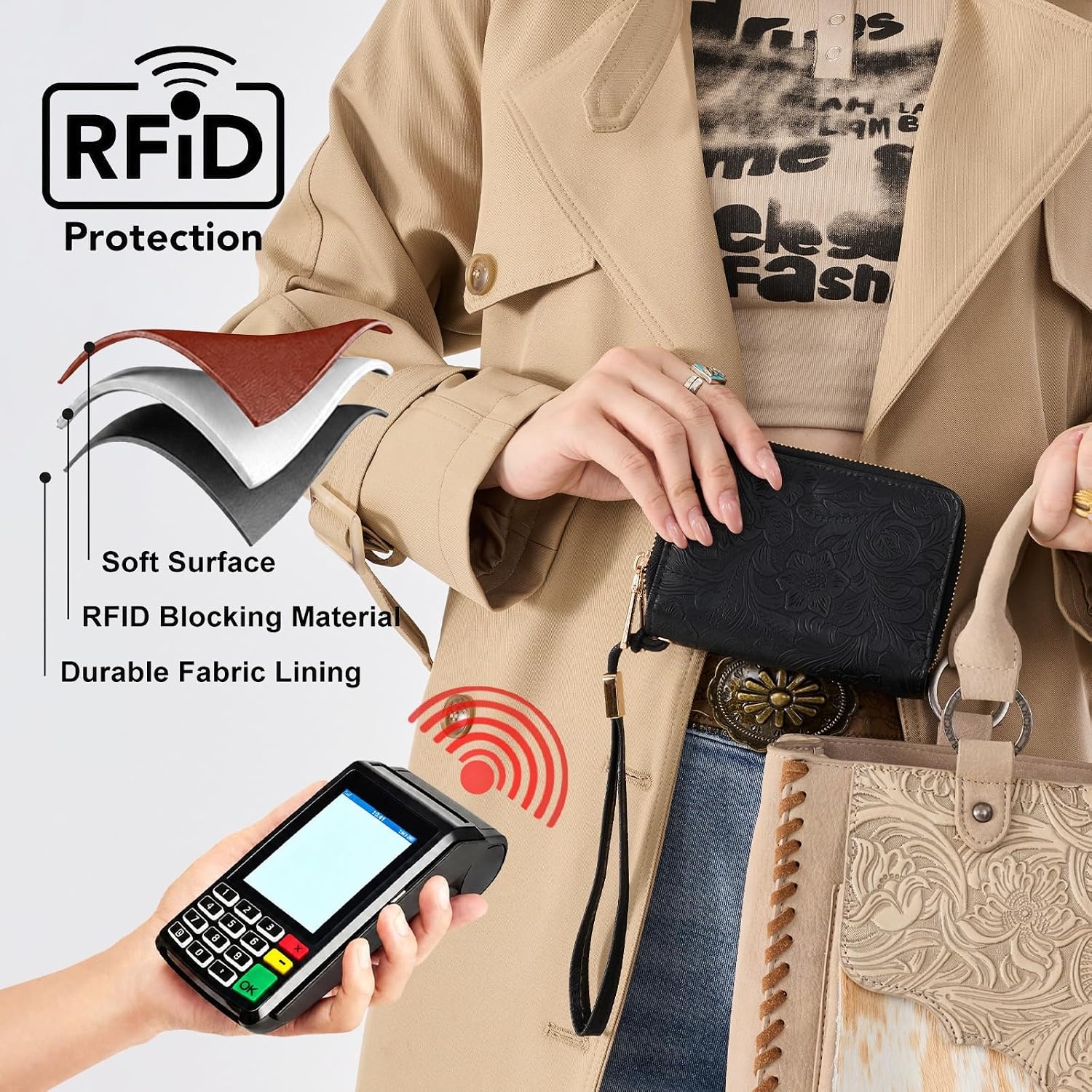 image:imageWallet Women Small Wristlet Double Zip Around Wallets RFID Blocking ClutchToolBlack