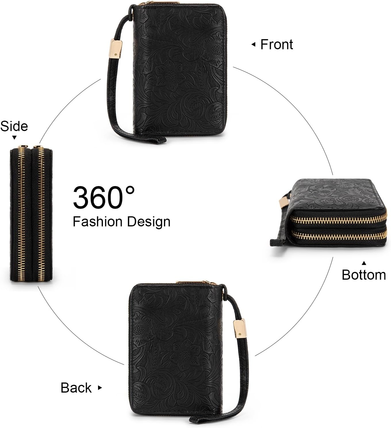 image:imageWallet Women Small Wristlet Double Zip Around Wallets RFID Blocking ClutchToolBlack