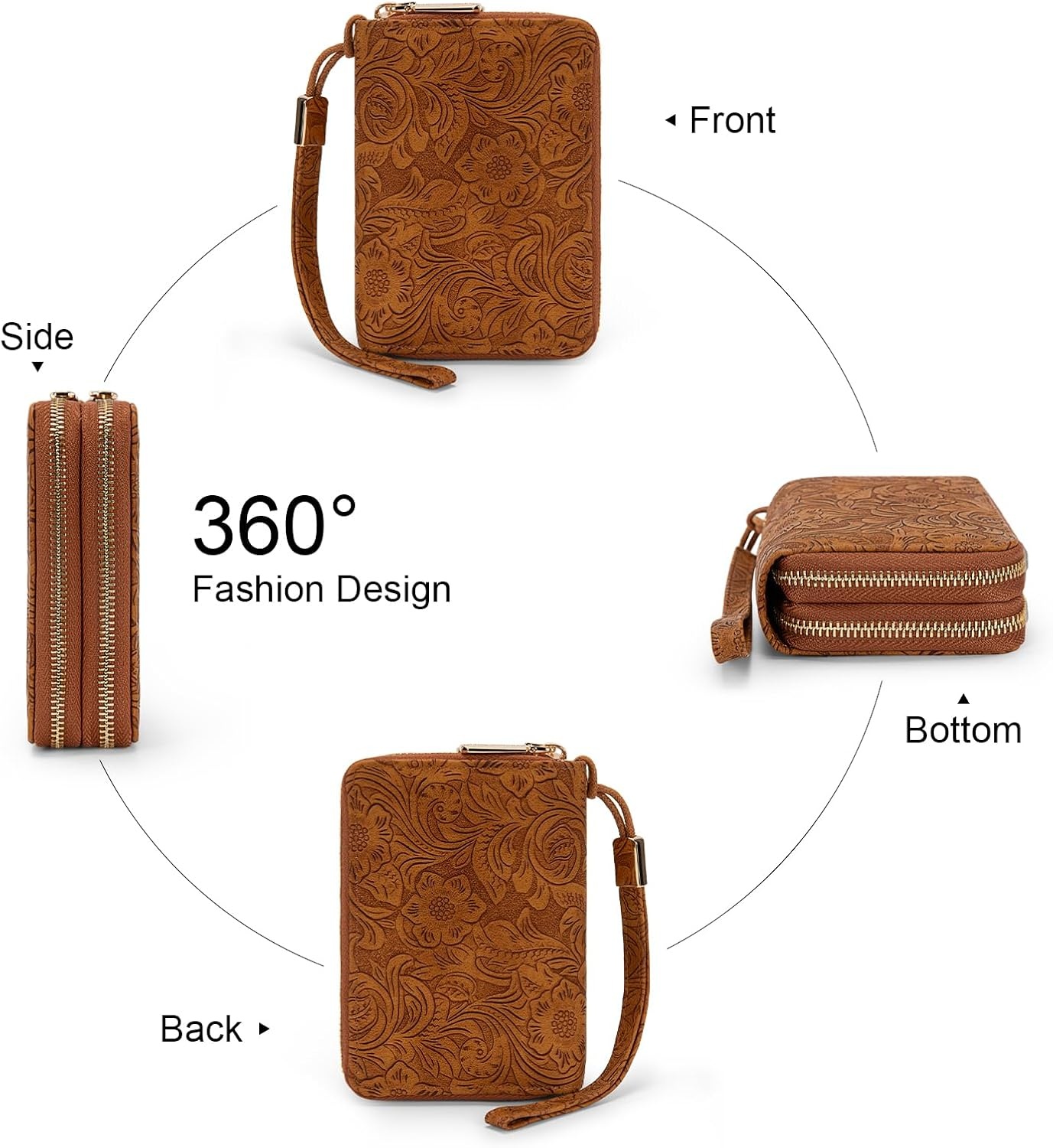 image:imageWallet Women Small Wristlet Double Zip Around Wallets RFID Blocking ClutchToolBrown