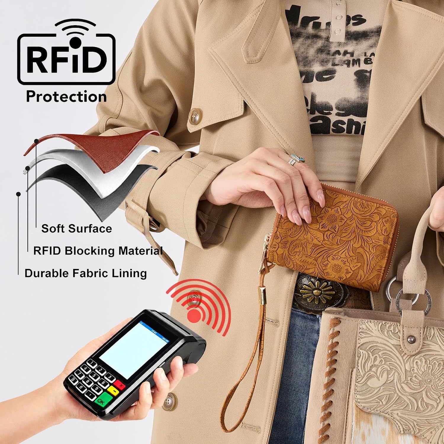 image:imageWallet Women Small Wristlet Double Zip Around Wallets RFID Blocking ClutchToolBrown