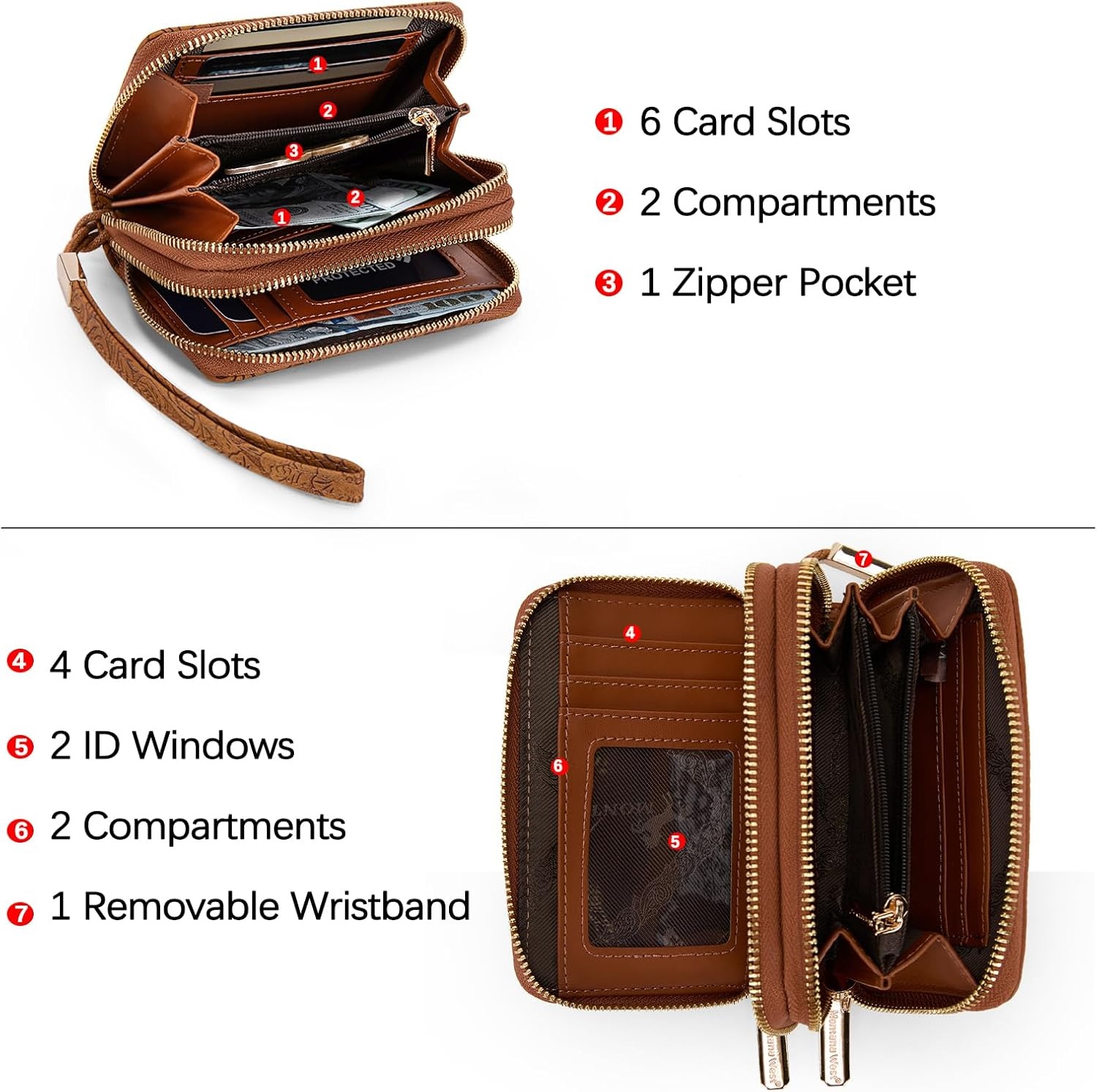 image:imageWallet Women Small Wristlet Double Zip Around Wallets RFID Blocking ClutchToolBrown