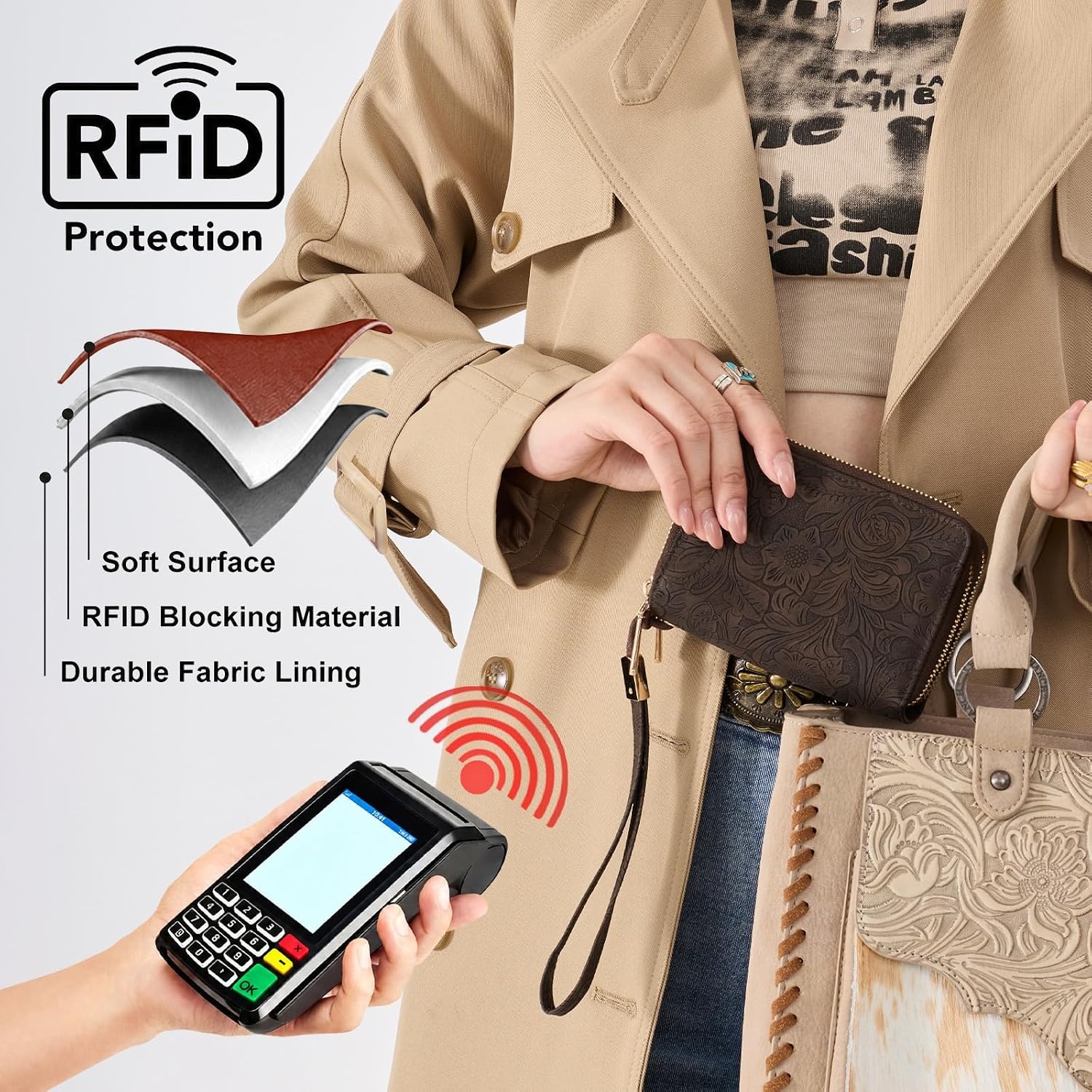 image:imageWallet Women Small Wristlet Double Zip Around Wallets RFID Blocking ClutchToolCoffee