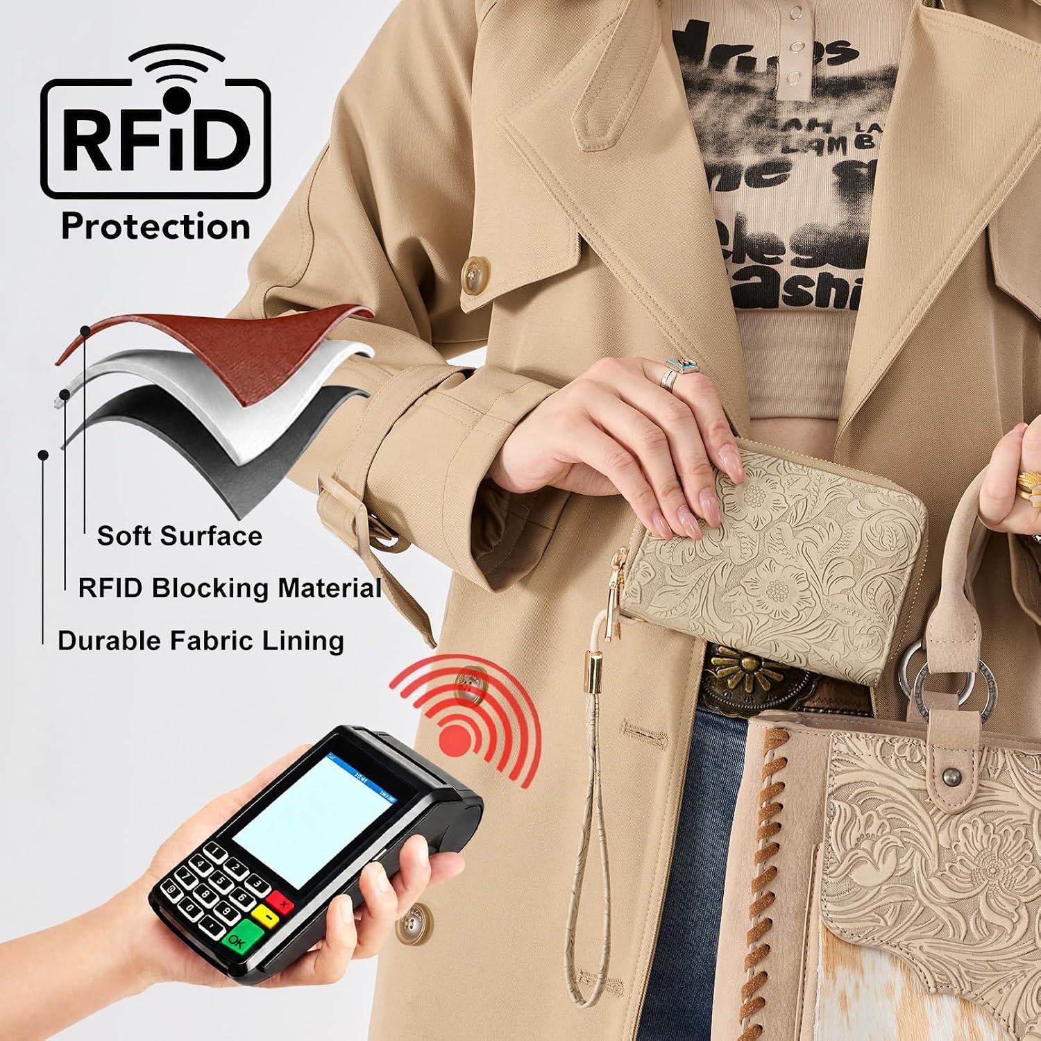 image:imageWallet Women Small Wristlet Double Zip Around Wallets RFID Blocking ClutchToolGrey