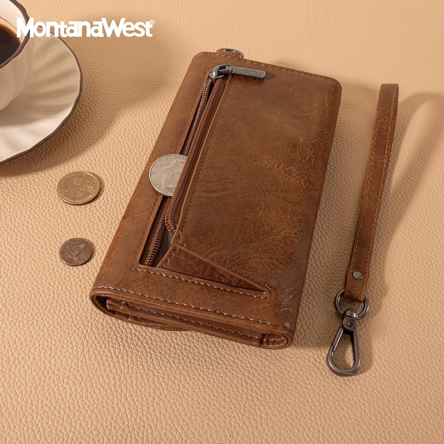 image:imageMontana West Wallets for Women Large Phone Wristlet Wallets Trifold Money Organizers with Coin Purse and Wrist StrapBrown