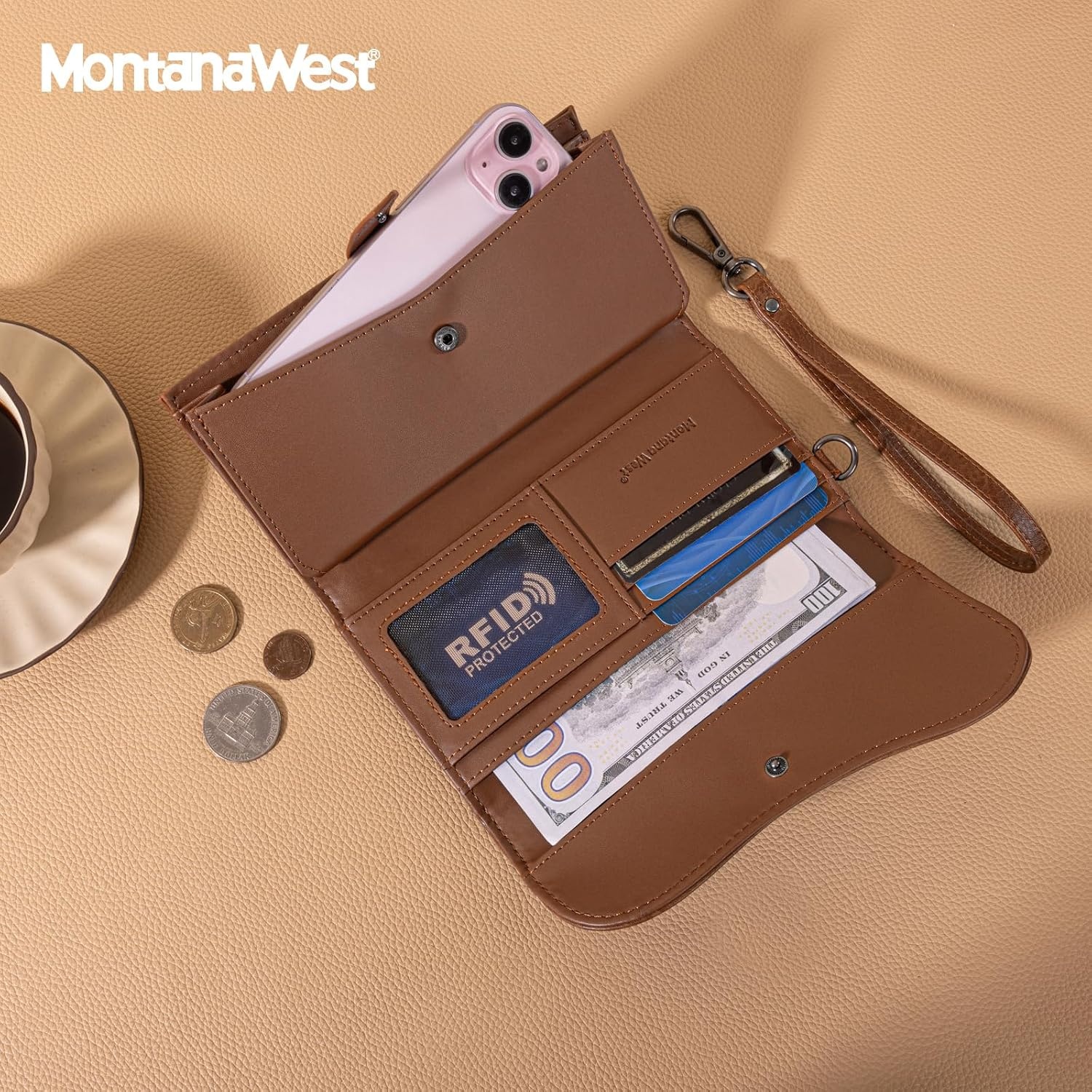 image:imageMontana West Wallets for Women Large Phone Wristlet Wallets Trifold Money Organizers with Coin Purse and Wrist StrapBrown