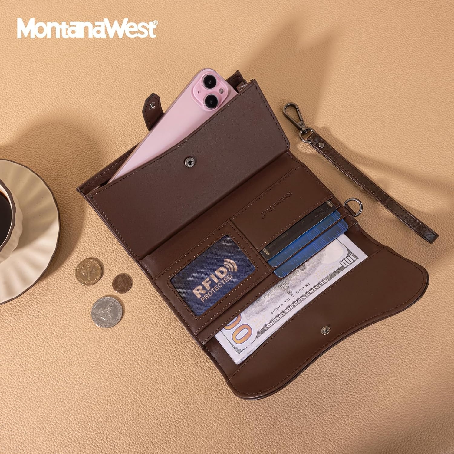 image:imageMontana West Wallets for Women Large Phone Wristlet Wallets Trifold Money Organizers with Coin Purse and Wrist StrapCoffee