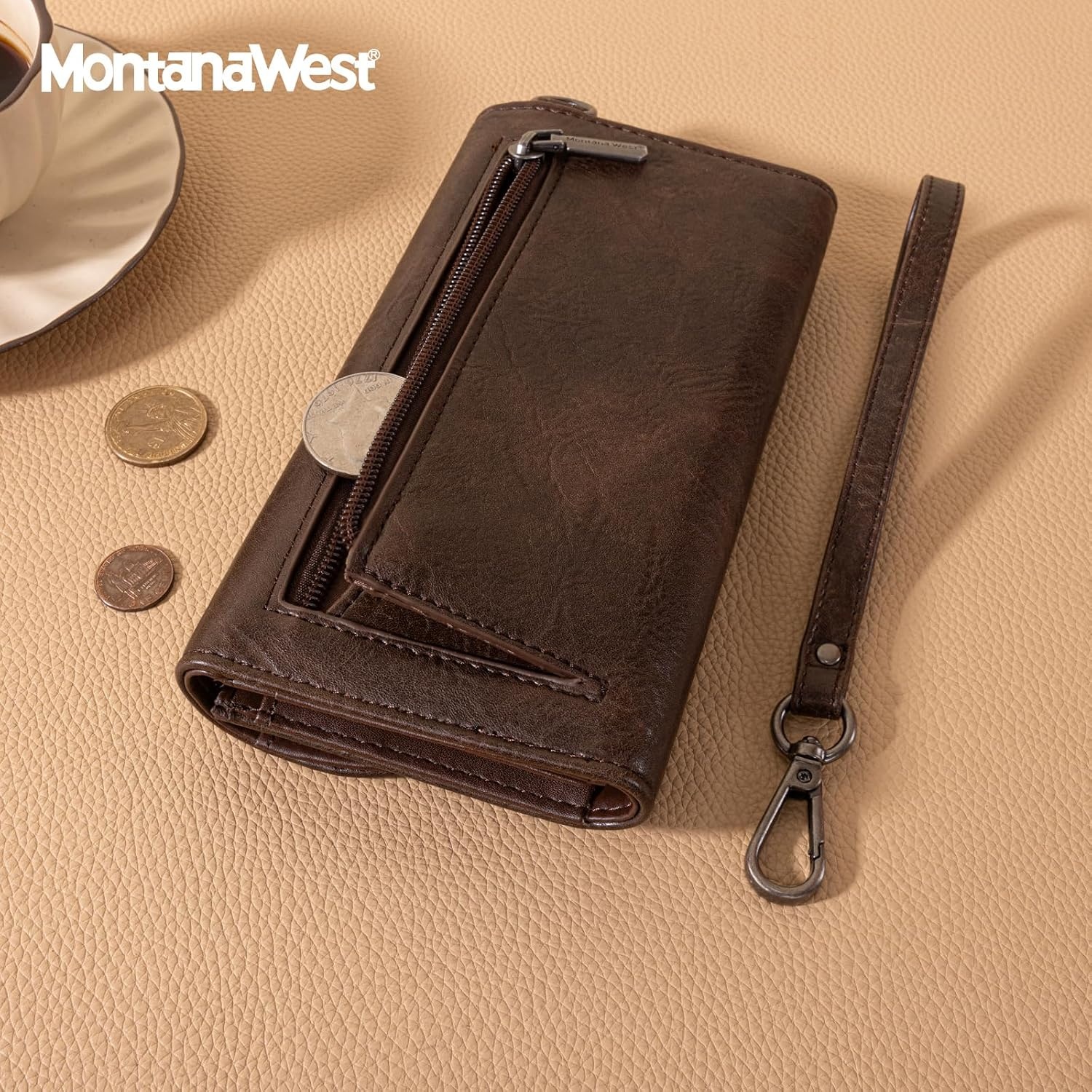 image:imageMontana West Wallets for Women Large Phone Wristlet Wallets Trifold Money Organizers with Coin Purse and Wrist StrapCoffee