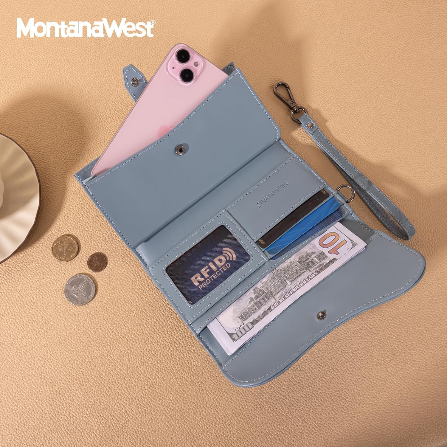 image:imageMontana West Wallets for Women Large Phone Wristlet Wallets Trifold Money Organizers with Coin Purse and Wrist StrapJean