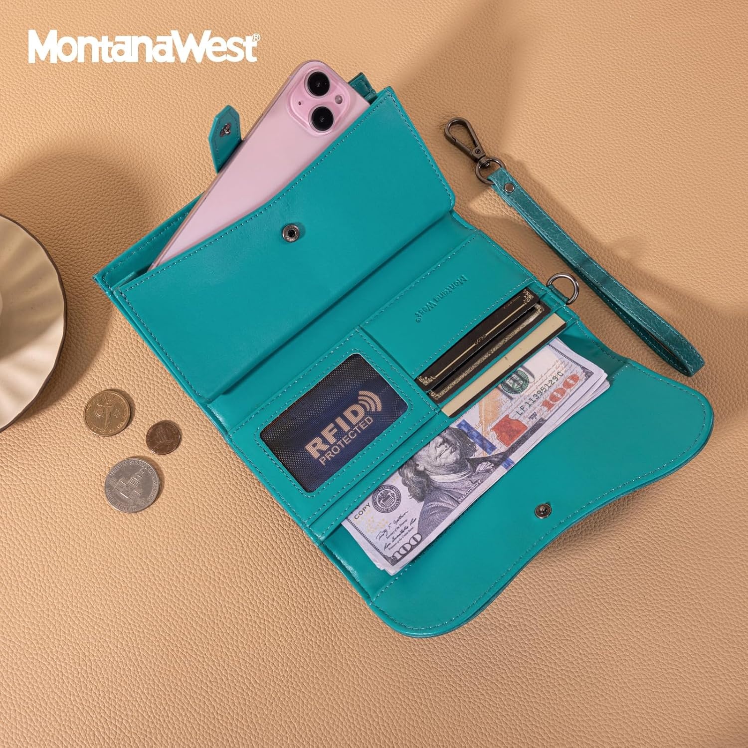image:imageMontana West Wallets for Women Large Phone Wristlet Wallets Trifold Money Organizers with Coin Purse and Wrist StrapTurquoise