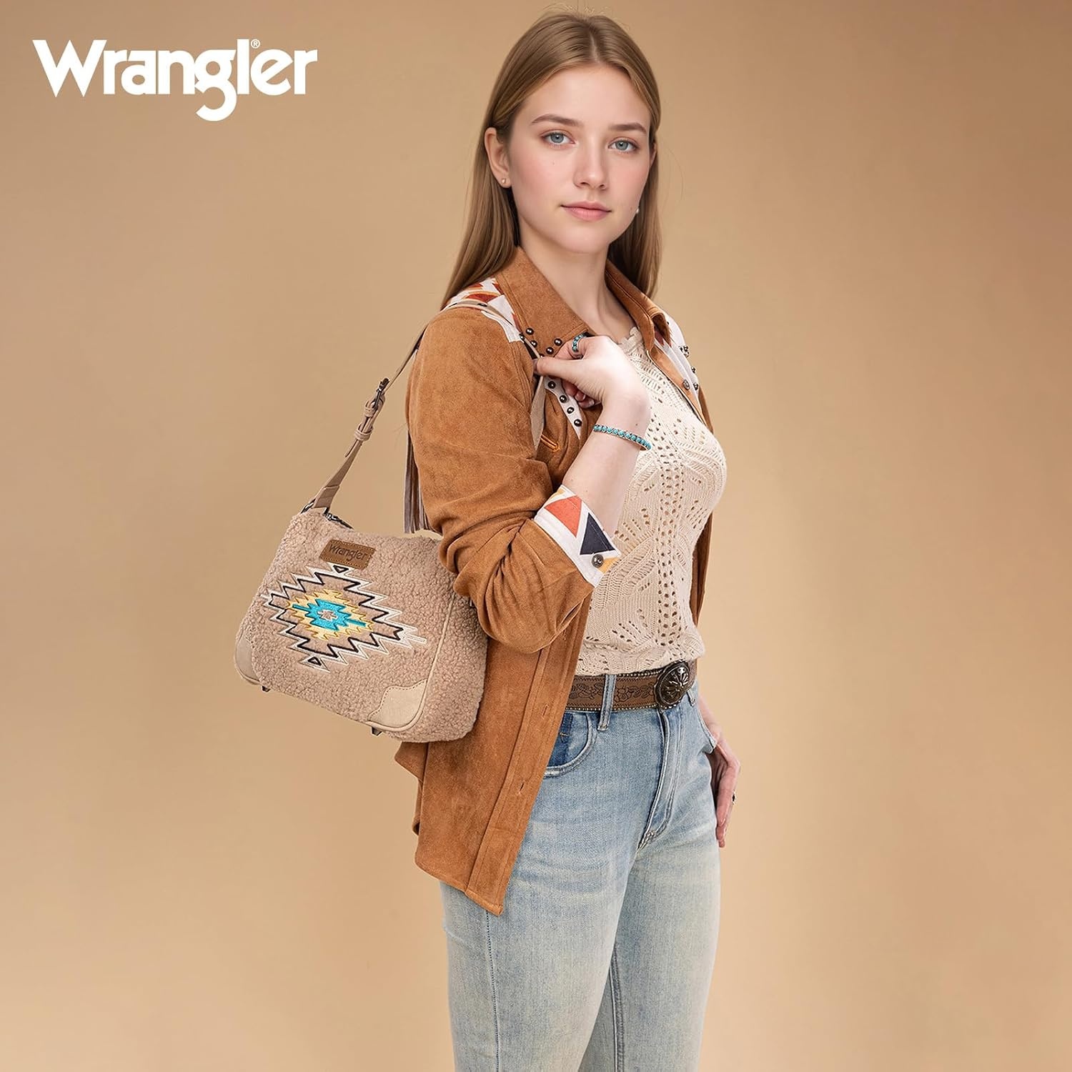 image:imageWrangler Western Handbag for Women Embroidery Aztec Shoulder Purse Tan
